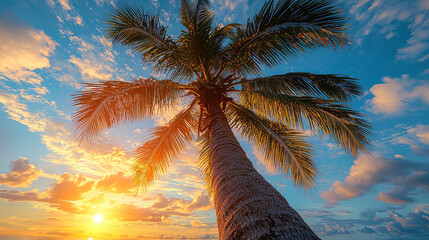 Scenic tropical island view from below a coconut tree, with a beautiful sunset and vibrant colors creating a peaceful vacation atmosphere and showcasing the natural beauty of Bali.