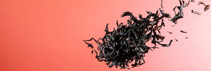 Naklejka premium falling dried black tea on solid background color light red