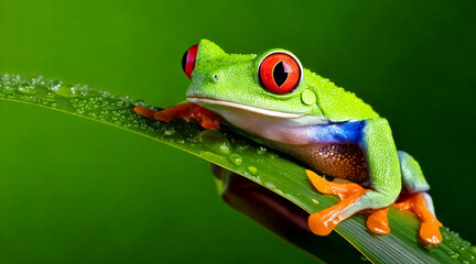 Obraz premium A red-eyed tree frog perched on a dewy leaf, its vibrant colors popping against a soft green background