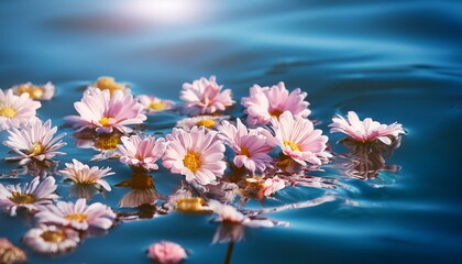 夏の日差しを受けて水面に浮かぶ美しい花々