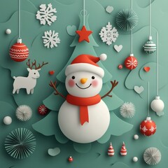 Christmas greeting card vector poster set. Christmas tree, snowman, deer and hanging xmas elements in paper cut template backdrop  " ai generator "