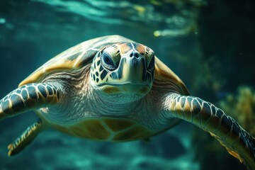 Obraz premium A serene underwater scene featuring a majestic turtle swimming gracefully through clear blue waters, Ideal for nature-themed projects, educational materials, or marine conservation campaigns,