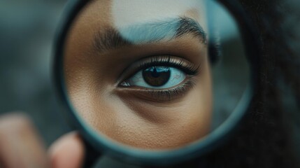 The focus is on a magnifying glass held by a woman, her eye enlarged as she looks closely on a plain grey surface.