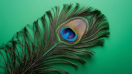 Beautiful peacock Feather On Green Background