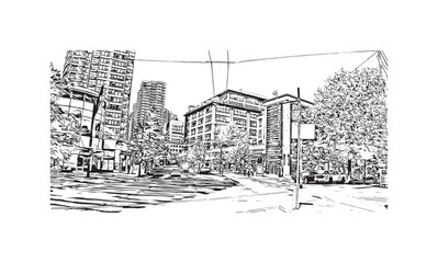 Print Building view with landmark of Vancouver is the city in Western Canada. Hand drawn sketch illustration in vector.