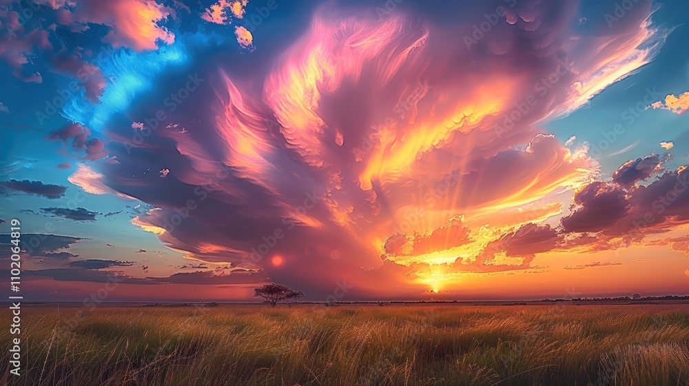 Poster clouds in swirling rainbow colors over field.