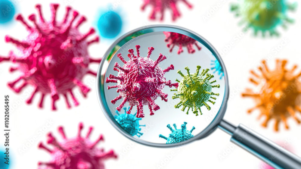 Poster magnifying glass reveals colorful microscopic virus particles, highlighting their intricate structur