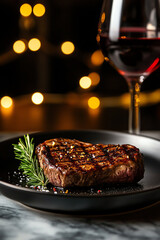 Grilled medium rare steak plated on a premium dark ceramic plate with wine glass, marble background, ultrarealistic