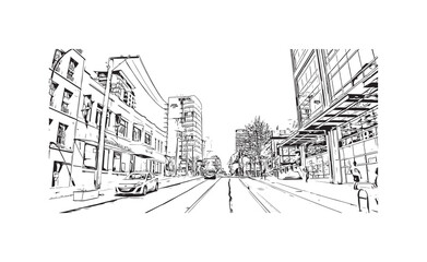 Print Building view with landmark of Vancouver is the city in Western Canada. Hand drawn sketch illustration in vector.