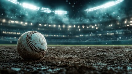 White baseball, scuffed from use, lies under glowing stadium lights on a dirt field during a nighttime game.