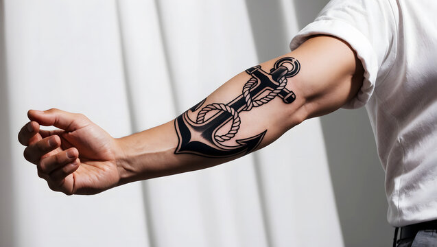 Tattoo of a ship anchor on a man's right arm with muscular features