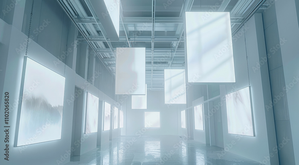 Aufkleber fine art gallery of blank white canvas art frames hanging from the ceiling in very high resolution. 