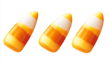 Candy corn, three pieces of candy on a white background