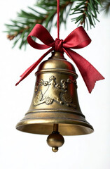 Christmas bell with red ribbon, white background.