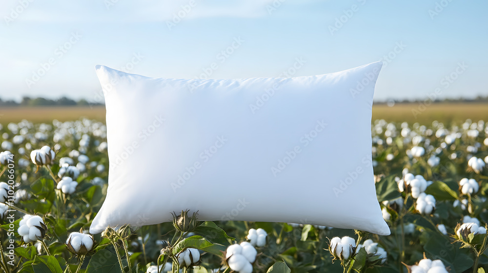 Poster plain white pillow dropping on a background of cotton field – a soft and serene contrast of comfort 