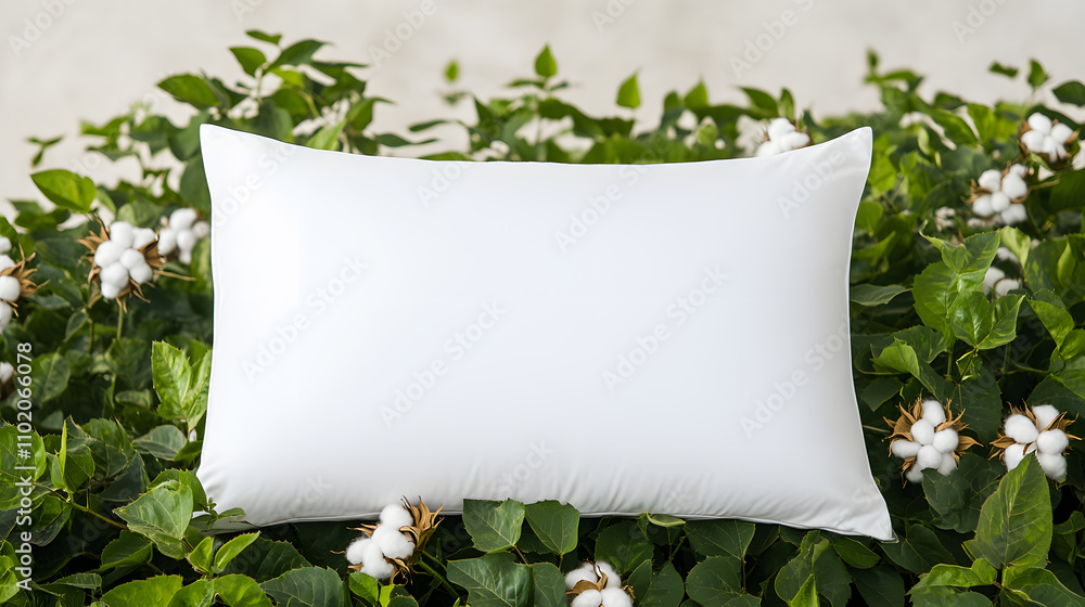 Poster plain white pillow dropping on a background of cotton field – a soft and serene contrast of comfort 