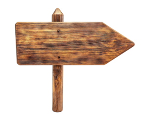 Rustic wooden directional signboard with arrow shape, isolated on transparent cutout background