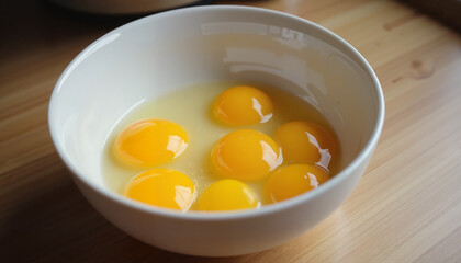 Bowl of fresh raw eggs with bright yellow yolks on a wooden kitchen counter