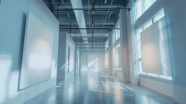 Fine art gallery of blank White canvas art frames hanging from the ceiling in very high resolution. For mock-up artwork background.
