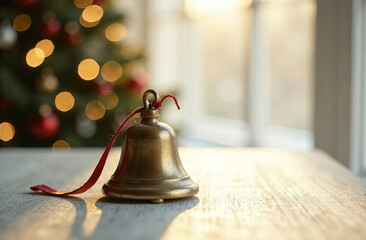 Christmas bell with red ribbon, white background.