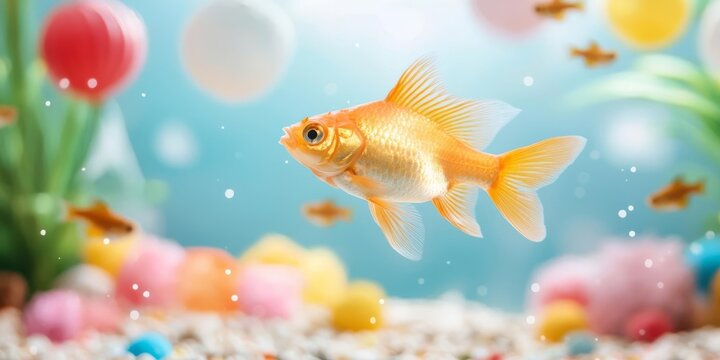 Exotic fish swimming in a party-themed aquarium with tiny underwater decorations, unique pet celebration, joy