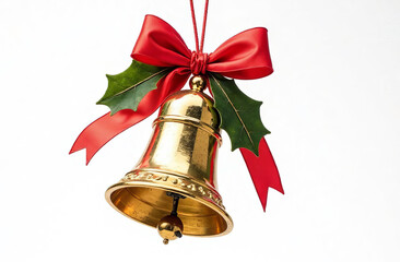 Christmas bell with red ribbon, white background.