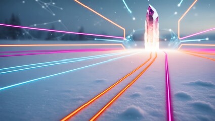 snowy winter landscape with mountains, with neon lines colors