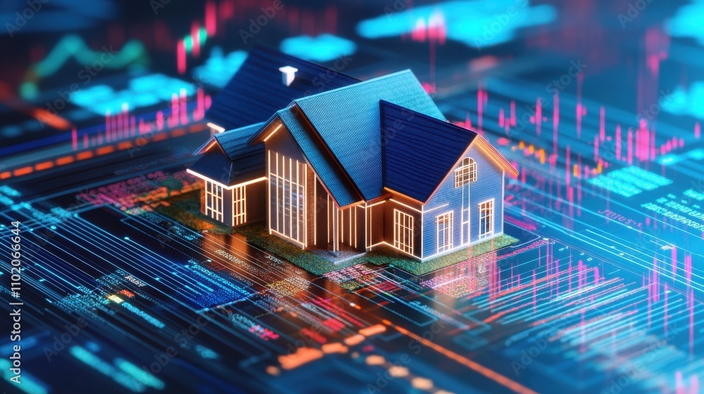Poster digital house model with financial data and analytical graphs background