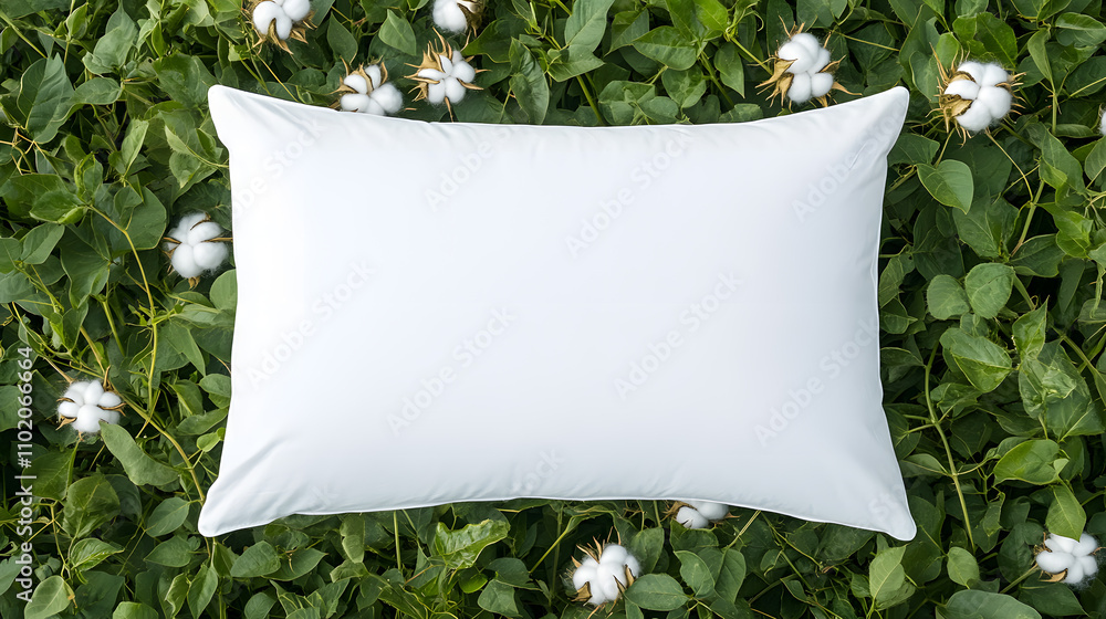 Poster plain white pillow dropping on a background of cotton field – a soft and serene contrast of comfort 