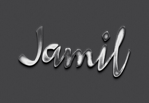 Chrome metal 3D Indonesian name design of Jamil on grey background.
