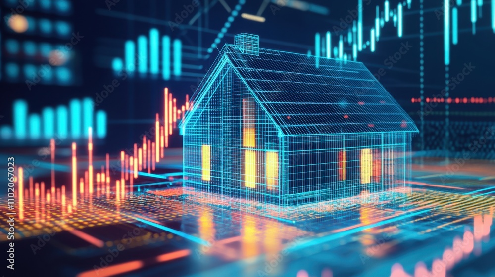 Poster digital representation of house with financial data analysis overlay
