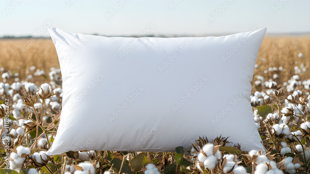 Aufkleber plain white pillow dropping on a background of cotton field – a soft and serene contrast of comfort 