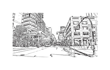 Print Building view with landmark of Vancouver is the city in Western Canada. Hand drawn sketch illustration in vector.