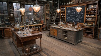 Exploring a science laboratory with diverse instruments, test tubes, and chalkboard equations