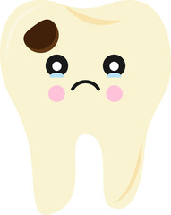 Cartoon tooth with sad expression, large brown spot indicating decay, round eyes with tears, and pink cheeks.
