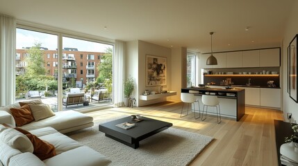 Fototapeta premium Modern Living Room and Kitchen Interior with Cozy Decor and Natural Light Overlooking Outdoor Patio in Contemporary Apartment Setting