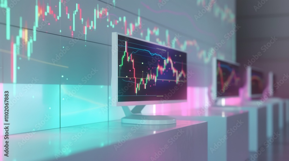 Poster a futuristic trading room with several computer monitors displaying live stock market charts and fin