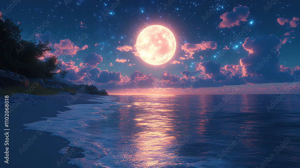 Poster full moon illuminates serene beach under starlit sky at twilight. generative ai