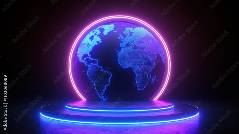 Poster neon globe with light effects on dark background for technology display