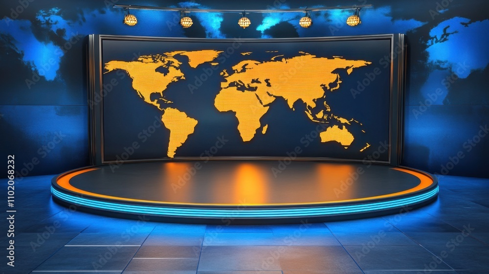 Poster Modern Studio with World Map Display and Vibrant Lighting Effects