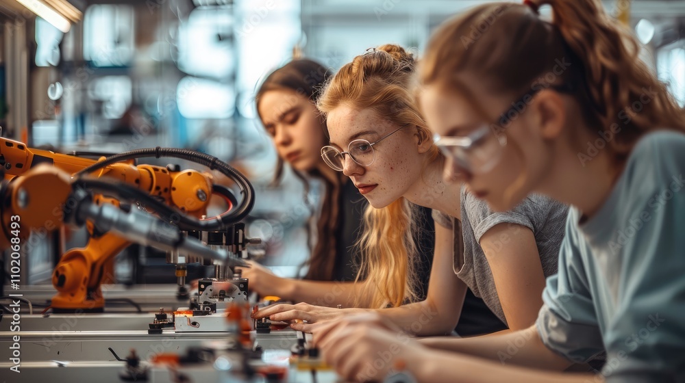 Poster a diverse group of women collaborating on a robotics project in a modern workshop.