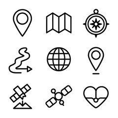 Navigation and Geolocation Icons – Maps, GPS Pins, Compass, Globe, Satellite, and Route Symbols in Minimalist Outline Style