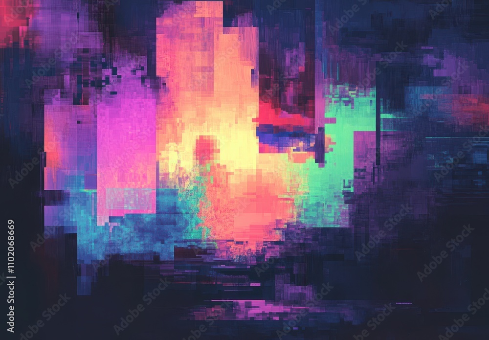 Poster abstract digital background with vibrant colors and geometric shapes merging together, creating a ca