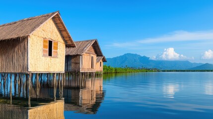 Obraz premium mangrove forest restoration concept, Coastal Village Rebuilding with Mangrove Barrier for Resilience