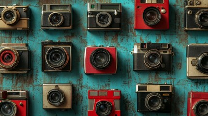 Obraz premium Vintage cameras arranged on a distressed turquoise background