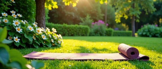 Serene Morning Yoga Garden, Lush Greenery, Tranquil Setting