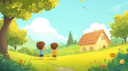 Children Exploring a Serene Landscape