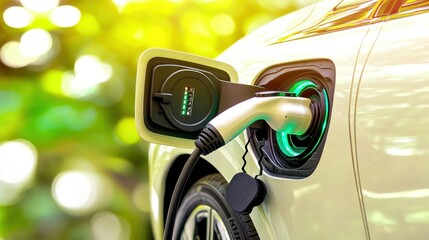 Electric Vehicle Charging Station with Green Nature Background