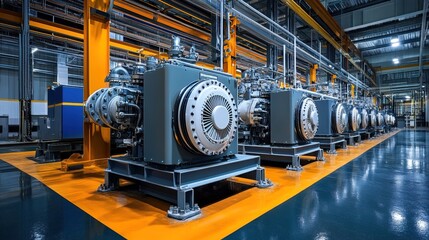 Fototapeta premium A row of large gas compressor units at an industrial facility