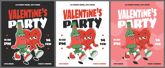 Valentines Day party invitation collection with groovy cartoon characters. Design for flyer, poster, banner or greeting card. Love concept illustration.